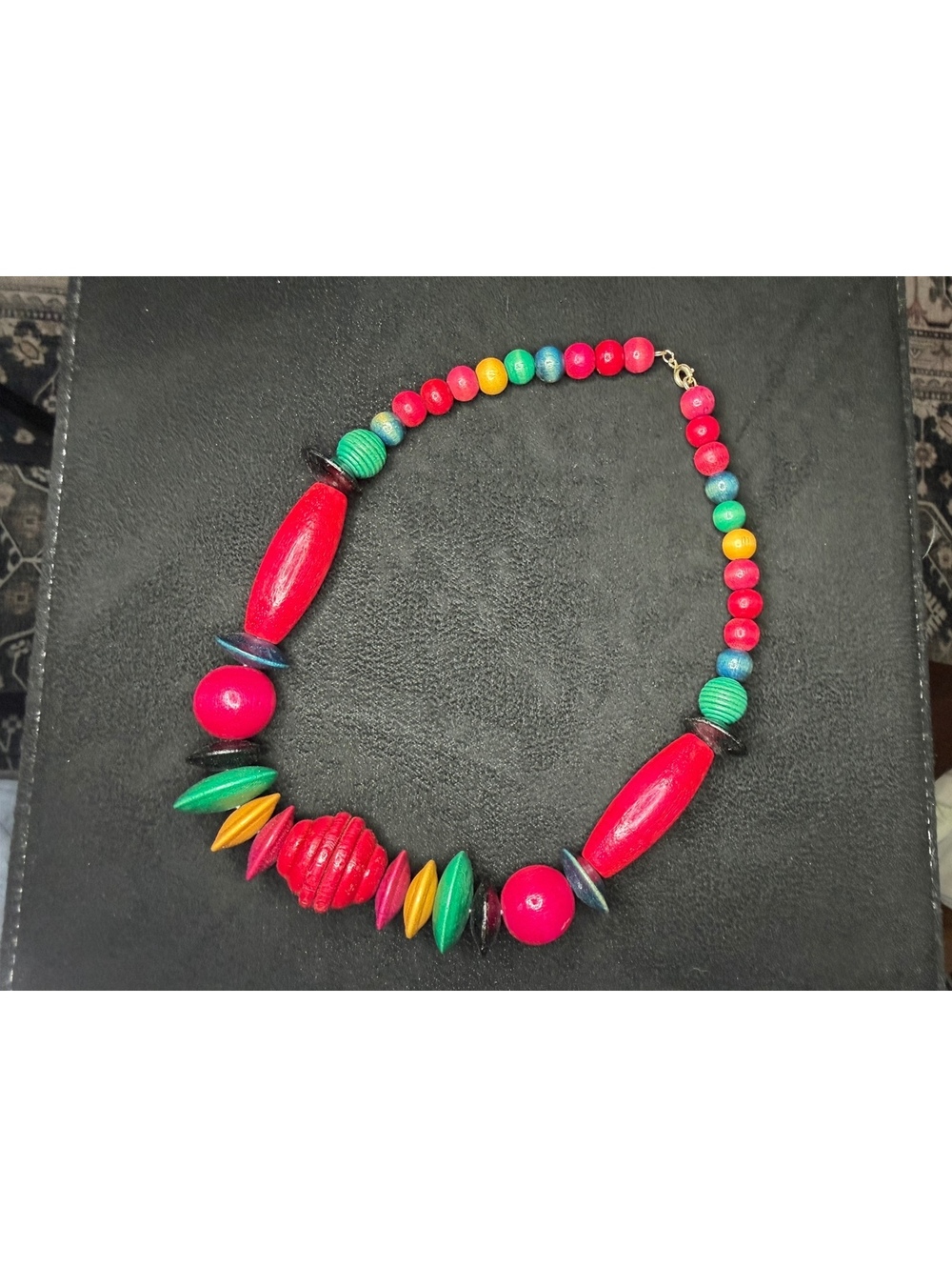 Vintage Chunky Multi-Color Wood Bead Statement Necklace Boho Retro 80s Geometric